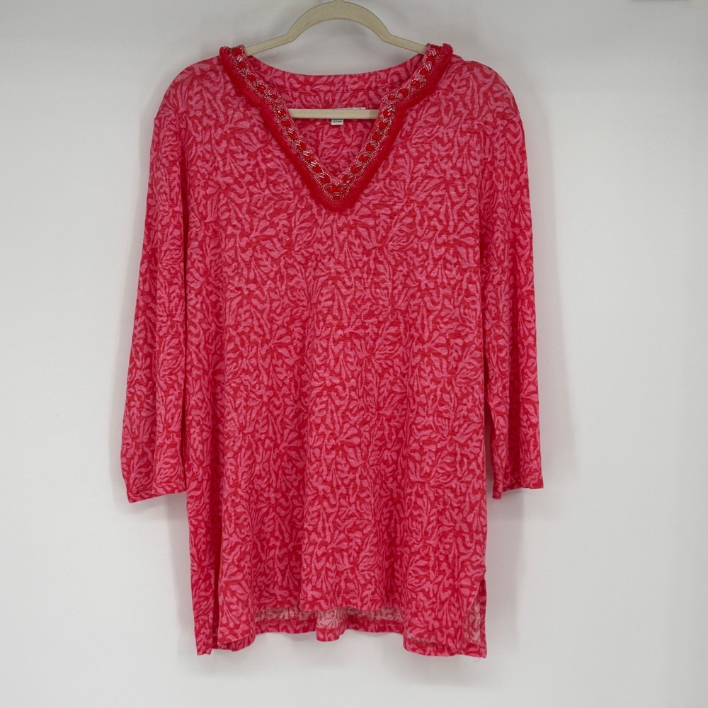 Chico's 100% Linen Beaded V-Neck Tunic Top Pink Coral Tropical Print Size 3 XL